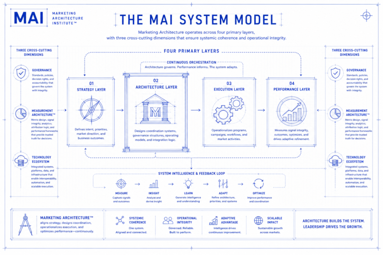 The MAI System Model — Marketing Architecture operates across four primary layers (Strategy, Architecture, Execution, Performance) with three cross-cutting dimensions (Governance, Measurement Architecture, Technology Ecosystem) and a System Intelligence & Feedback Loop.